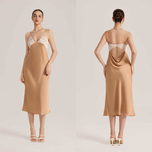 The Lace Temptation | Solid Color Lace Patchwork Backless Satin Maxi Slip Sleep Dress - Negative Apparel