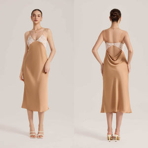 The Lace Temptation | Solid Color Lace Patchwork Backless Satin Maxi Slip Sleep Dress - Negative Apparel