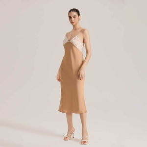 The Lace Temptation | Solid Color Lace Patchwork Backless Satin Maxi Slip Sleep Dress - Negative Apparel
