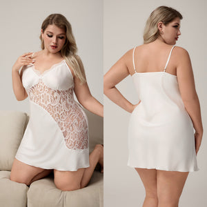 The Lace Whisper | White Lace Satin Strap Mini Sleep Dress - Negative Apparel
