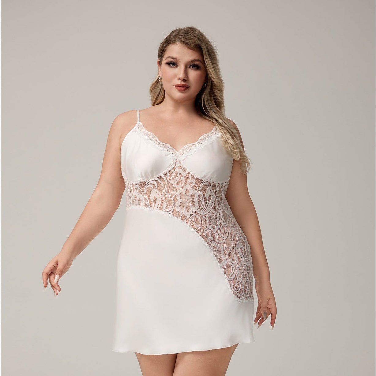 The Lace Whisper | White Lace Satin Strap Mini Sleep Dress - Negative Apparel