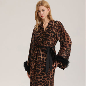 The Leopard Allure | Leopard Print V - Neck Long - Sleeve Satin Robe - Negative Apparel