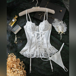 The Luna Lace | Bridal Mesh Corset & White Lace Intimates - Negative Apparel