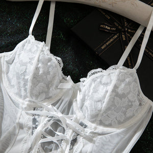 The Luna Lace | Bridal Mesh Corset & White Lace Intimates - Negative Apparel