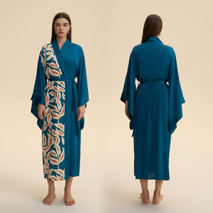 The Luxe Flow | Solid Color V - Neck Long - Sleeve Satin Maxi Robe - Negative Apparel