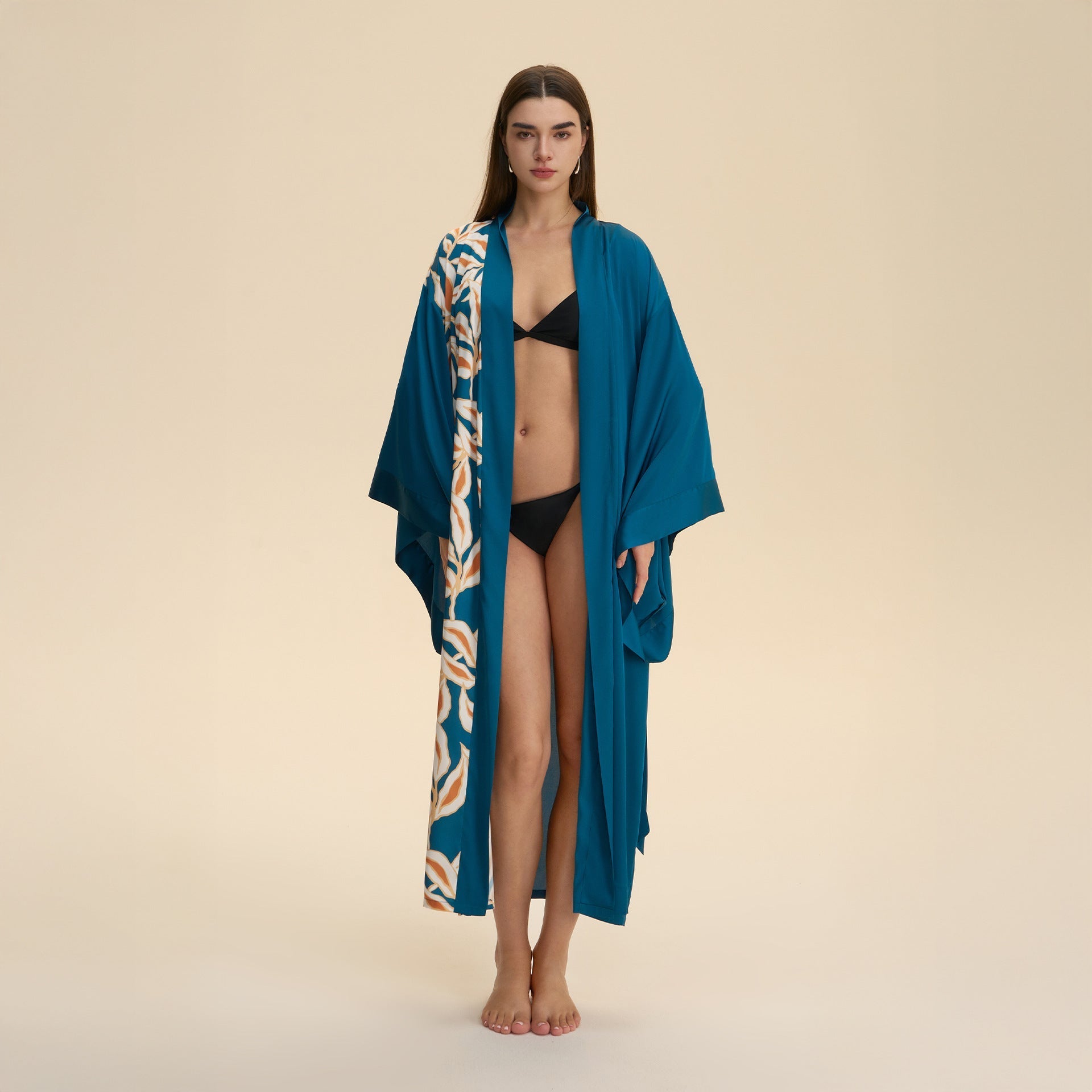 The Luxe Flow | Solid Color V - Neck Long - Sleeve Satin Maxi Robe - Negative Apparel