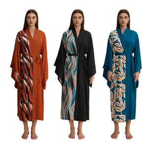 The Luxe Flow | Solid Color V - Neck Long - Sleeve Satin Maxi Robe - Negative Apparel