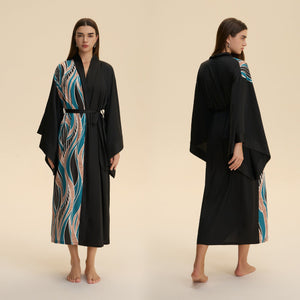 The Luxe Flow | Solid Color V - Neck Long - Sleeve Satin Maxi Robe - Negative Apparel