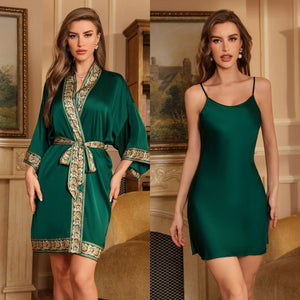 The Luxe Harmony | Women's Satin Chiffon Robe & Suspender Chemise Two - Piece Set - Negative Apparel