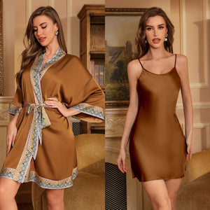 The Luxe Harmony | Women's Satin Chiffon Robe & Suspender Chemise Two - Piece Set - Negative Apparel