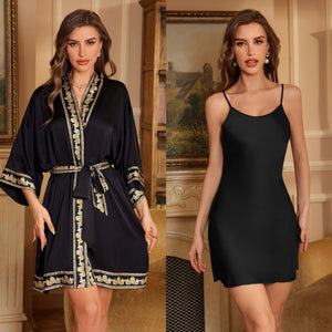 The Luxe Harmony | Women's Satin Chiffon Robe & Suspender Chemise Two - Piece Set - Negative Apparel