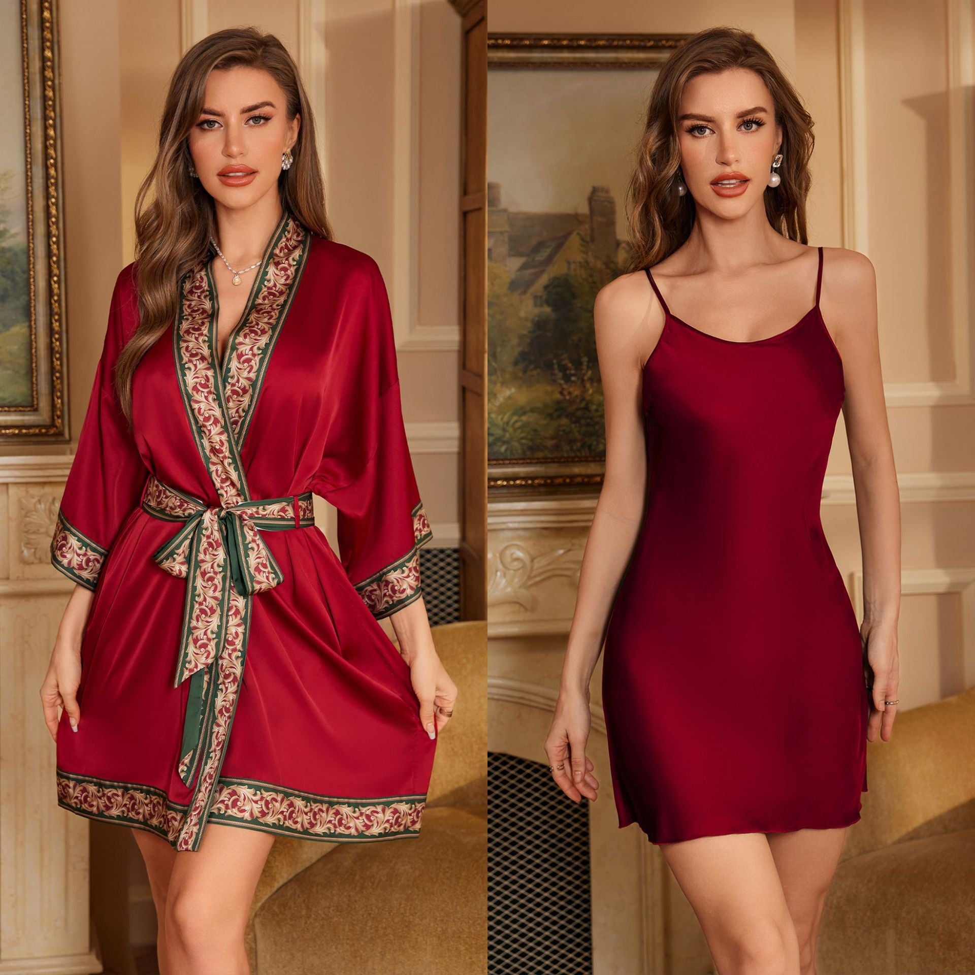 The Luxe Harmony | Women's Satin Chiffon Robe & Suspender Chemise Two - Piece Set - Negative Apparel