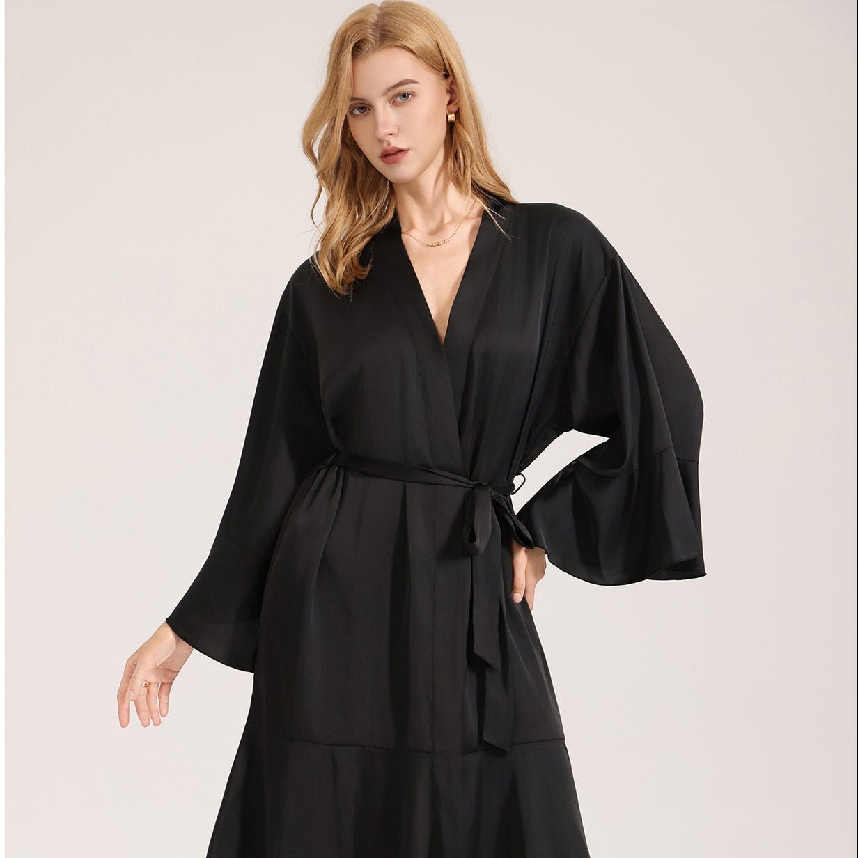 The Matte Elegance | Solid Black Ruffle V - Neck Satin Midi Sleep Dress - Negative Apparel