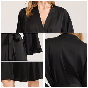 The Matte Elegance | Solid Black Ruffle V - Neck Satin Midi Sleep Dress - Negative Apparel