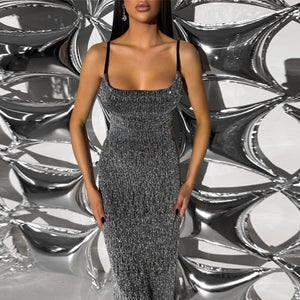 The Mercury Glow | Y2K Metallic U - Neck Maxi - Negative Apparel