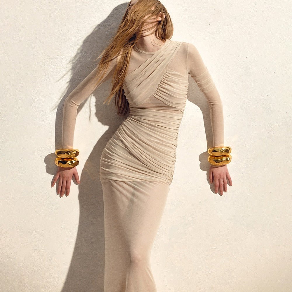 The Mesh Spice | Women's Sexy Mesh Shrink - Pleated Long - Sleeve Maxi Dress - Negative Apparel