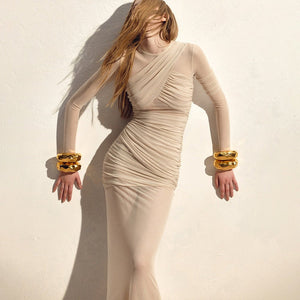 The Mesh Spice | Women's Sexy Mesh Shrink - Pleated Long - Sleeve Maxi Dress - Negative Apparel