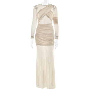 The Mesh Spice | Women's Sexy Mesh Shrink - Pleated Long - Sleeve Maxi Dress - Negative Apparel