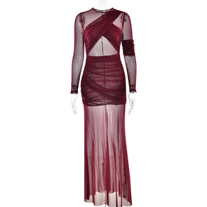 The Mesh Spice | Women's Sexy Mesh Shrink - Pleated Long - Sleeve Maxi Dress - Negative Apparel