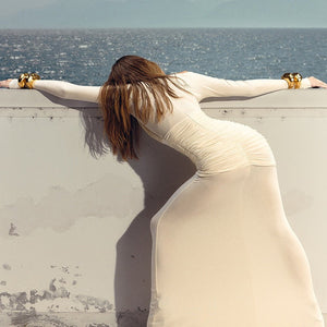 The Mesh Spice | Women's Sexy Mesh Shrink - Pleated Long - Sleeve Maxi Dress - Negative Apparel