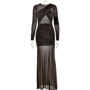 The Mesh Spice | Women's Sexy Mesh Shrink - Pleated Long - Sleeve Maxi Dress - Negative Apparel
