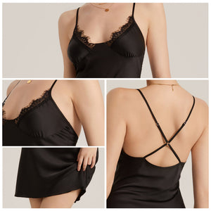 The Midnight Desire | Women's Lace Trim Satin Suspender Chemise Nightdress - Negative Apparel