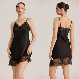 The Midnight Lace | Women's Lace Trim Satin Chemise Nightdress - Negative Apparel