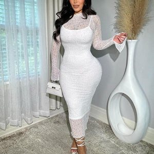 The Midnight Muse | Long - Sleeve Sheer Lace Bodycon Maxi - Negative Apparel