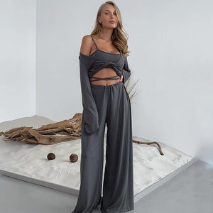 The Modal Comfort | Solid Color Long - Sleeve Three - Piece Pajama Set - Negative Apparel