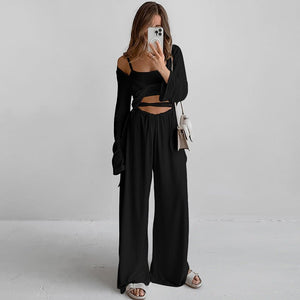 The Modal Comfort | Solid Color Long - Sleeve Three - Piece Pajama Set - Negative Apparel