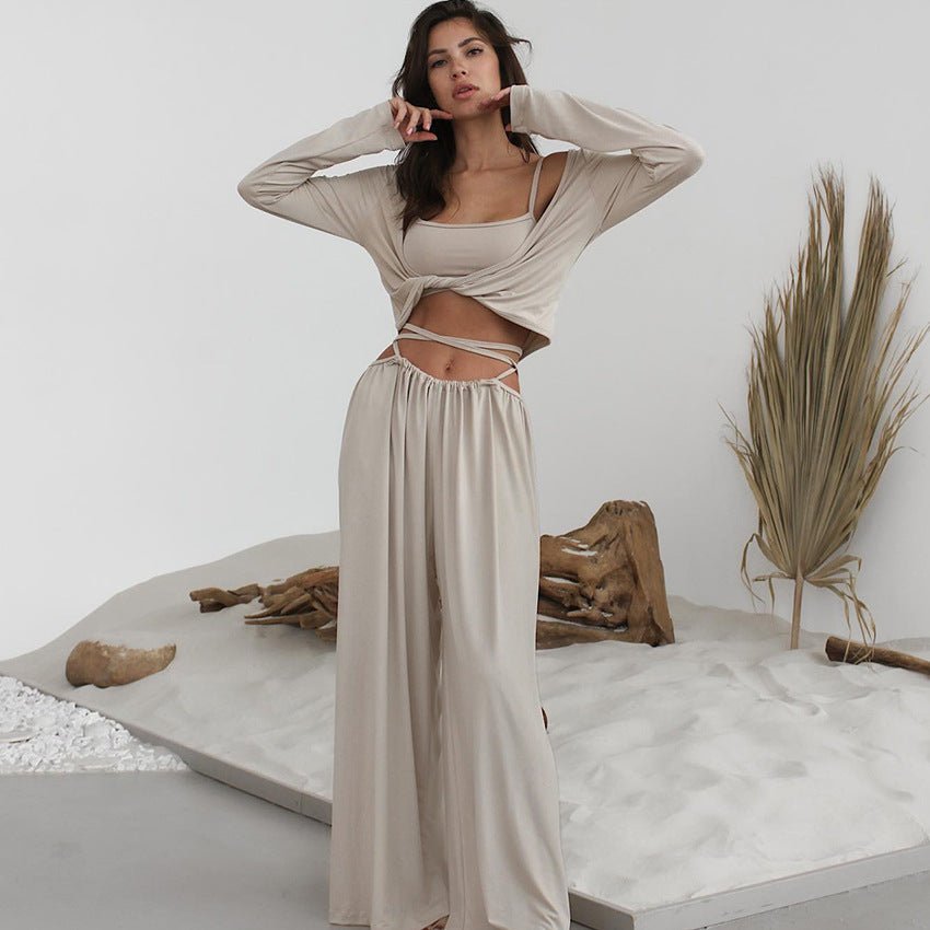The Modal Comfort | Solid Color Long - Sleeve Three - Piece Pajama Set - Negative Apparel