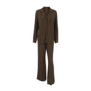 The Modal Ease | Solid Color Collared Long - Sleeve Top & Pants Pajama Set - Negative Apparel
