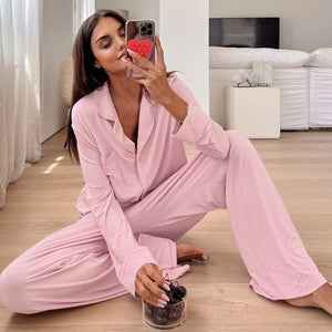 The Modal Ease | Solid Color Collared Long - Sleeve Top & Pants Pajama Set - Negative Apparel