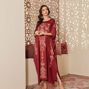 The new satin pajamas women's fashion mid - east wind loose gorgeous printed blouse robe DP3428 - Negative Apparel