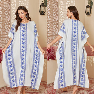 The new satin pajamas women's fashion mid - east wind loose gorgeous printed blouse robe DP3428 - Negative Apparel