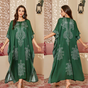 The new satin pajamas women's fashion mid - east wind loose gorgeous printed blouse robe DP3428 - Negative Apparel