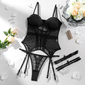 The Noir Allure | Underwire Mesh Garter Set - Negative Apparel