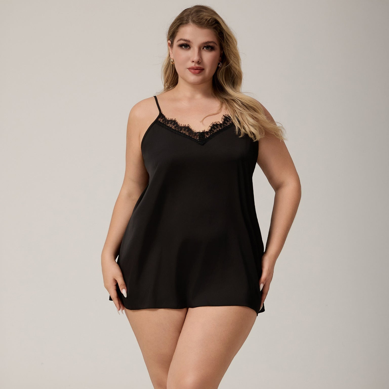 The Noir Desire | Women's Plus - Size Ice Silk Satin Suspender Chemise Nightdress - Negative Apparel