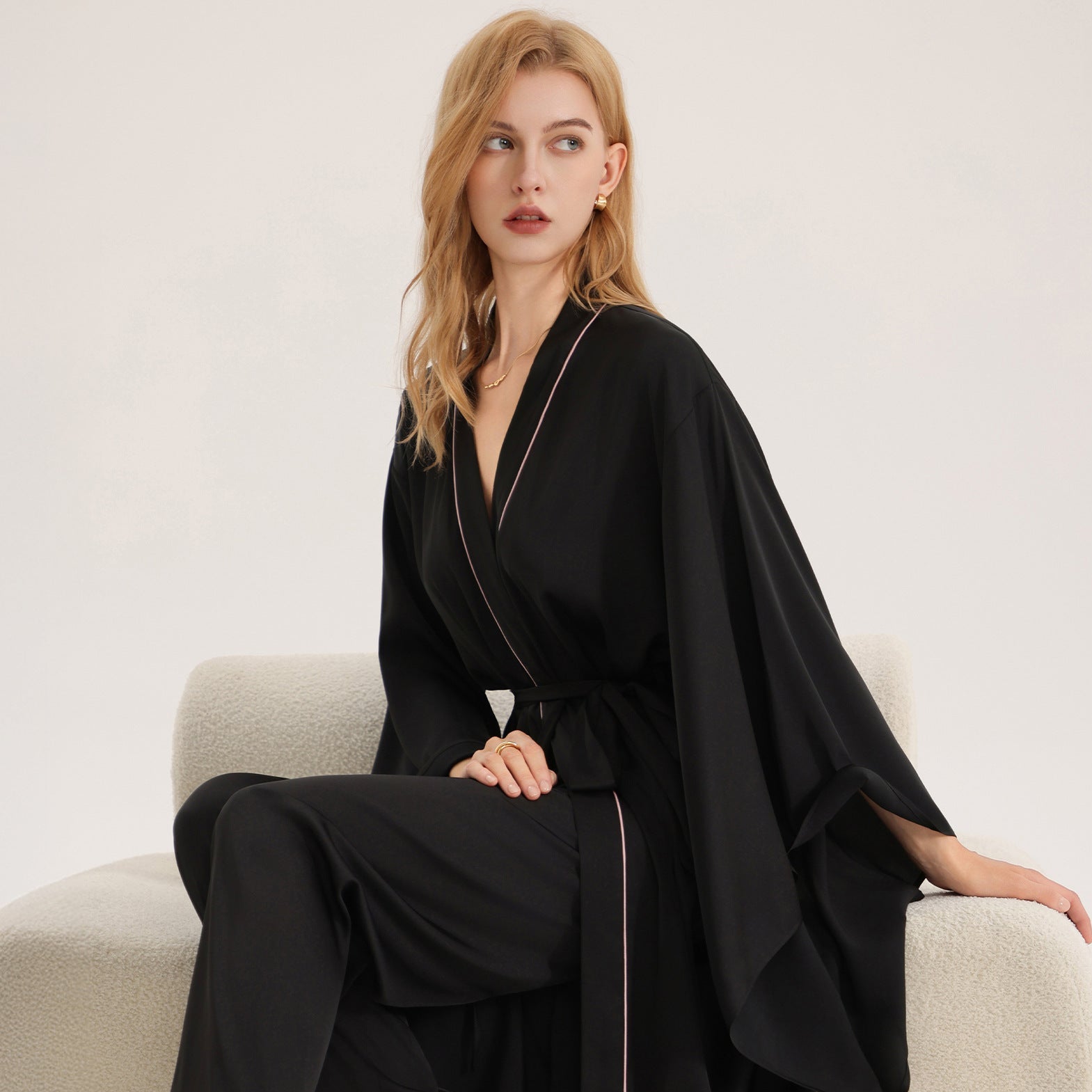 The Noir Elegance | Women's Loose - Sleeve Satin Long Cardigan Robe - Negative Apparel