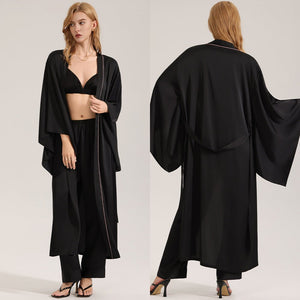 The Noir Harmony | Women's Satin Long - Sleeve Robe, Cami & Long Pants Three - Piece Set - Negative Apparel