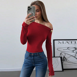 The Off - Shoulder Edge | Solid Color Diagonal Collar Long - Sleeve Slim Top - Negative Apparel