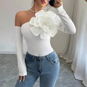 The One - Shoulder Drama | Women's Long - Sleeve Single - Shoulder Bodycon Jumpsuit - Negative Apparel