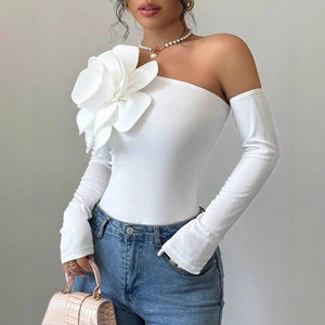 The One - Shoulder Drama | Women's Long - Sleeve Single - Shoulder Bodycon Jumpsuit - Negative Apparel