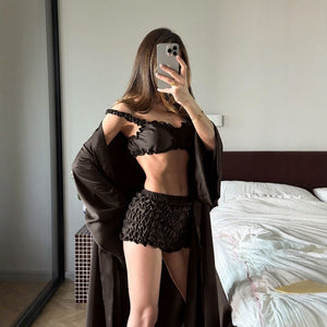 The Pleated Satin | Solid Color Pleated Strap Cami, Shorts & Long Cardigan Three - Piece Set - Negative Apparel