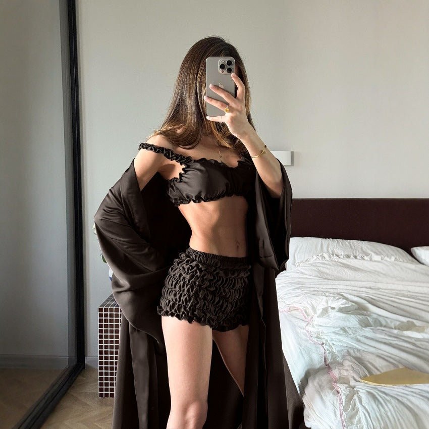 The Pleated Satin | Solid Color Pleated Strap Cami, Shorts & Long Cardigan Three - Piece Set - Negative Apparel