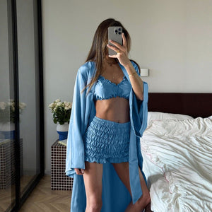 The Pleated Satin | Solid Color Pleated Strap Cami, Shorts & Long Cardigan Three - Piece Set - Negative Apparel