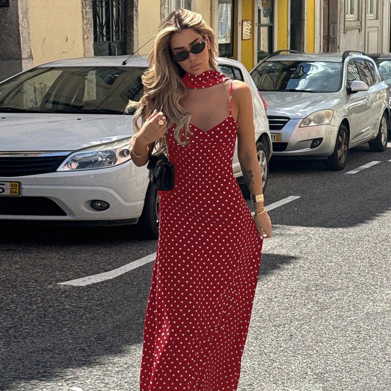 The Polka Dot Temptation | Black Polka Dot V - Neck Backless Maxi Swing Dress - Negative Apparel