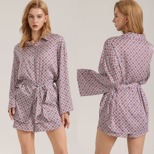 The Retro Geometry | Women's Satin Long - Sleeve Geometric Print Short Pajama Set - Negative Apparel