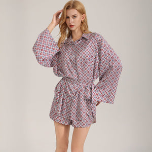 The Retro Geometry | Women's Satin Long - Sleeve Geometric Print Short Pajama Set - Negative Apparel