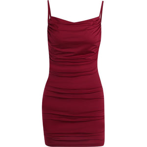 The Retro Spice | Solid Black V - Neck Pleated Backless Hip - Wrap Mini Dress - Negative Apparel